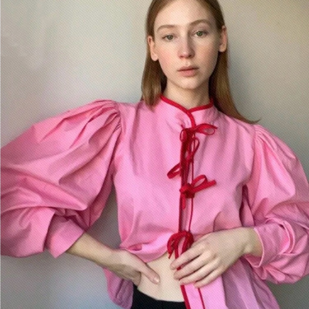 Shein Pink Puff Sleeve Blouse With Red Trim & Bow Ties